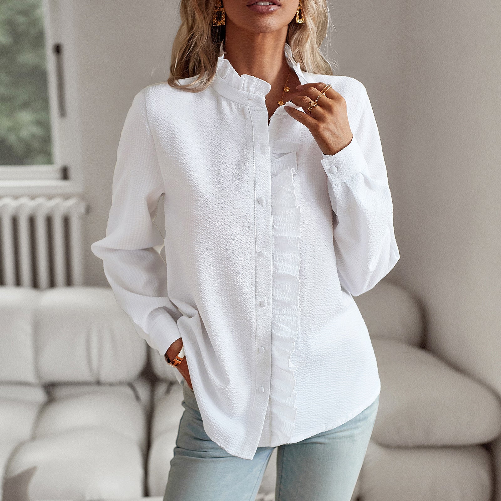 Biała Bluzka Damska Irene | Elegancka Tkanina z Falbanami, Długi Rękaw 9