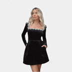 Czarna Aksamitna Sukienka Mini dla Kobiet | Ozdobne Kamienie, Elegancka na Wesele 0