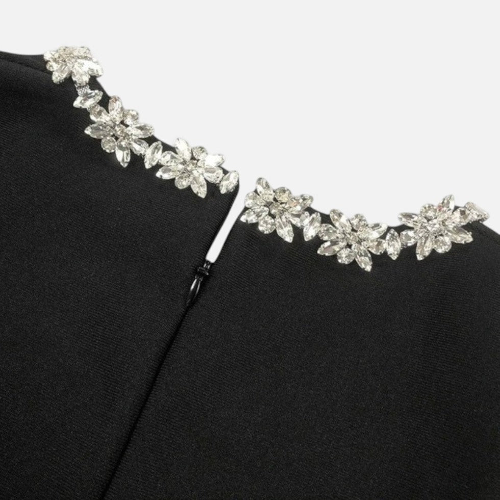 Czarna Aksamitna Sukienka Mini dla Kobiet | Ozdobne Kamienie, Elegancka na Wesele 4