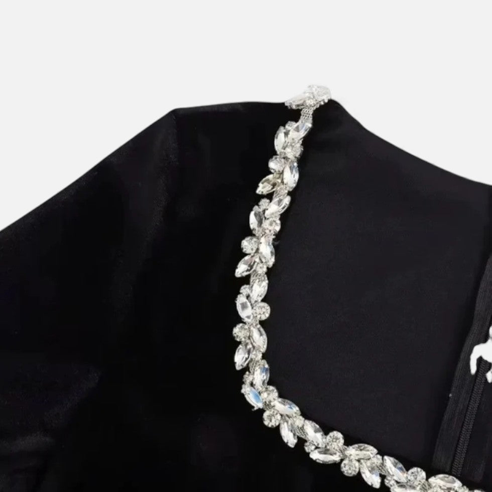 Czarna Aksamitna Sukienka Mini dla Kobiet | Ozdobne Kamienie, Elegancka na Wesele 5