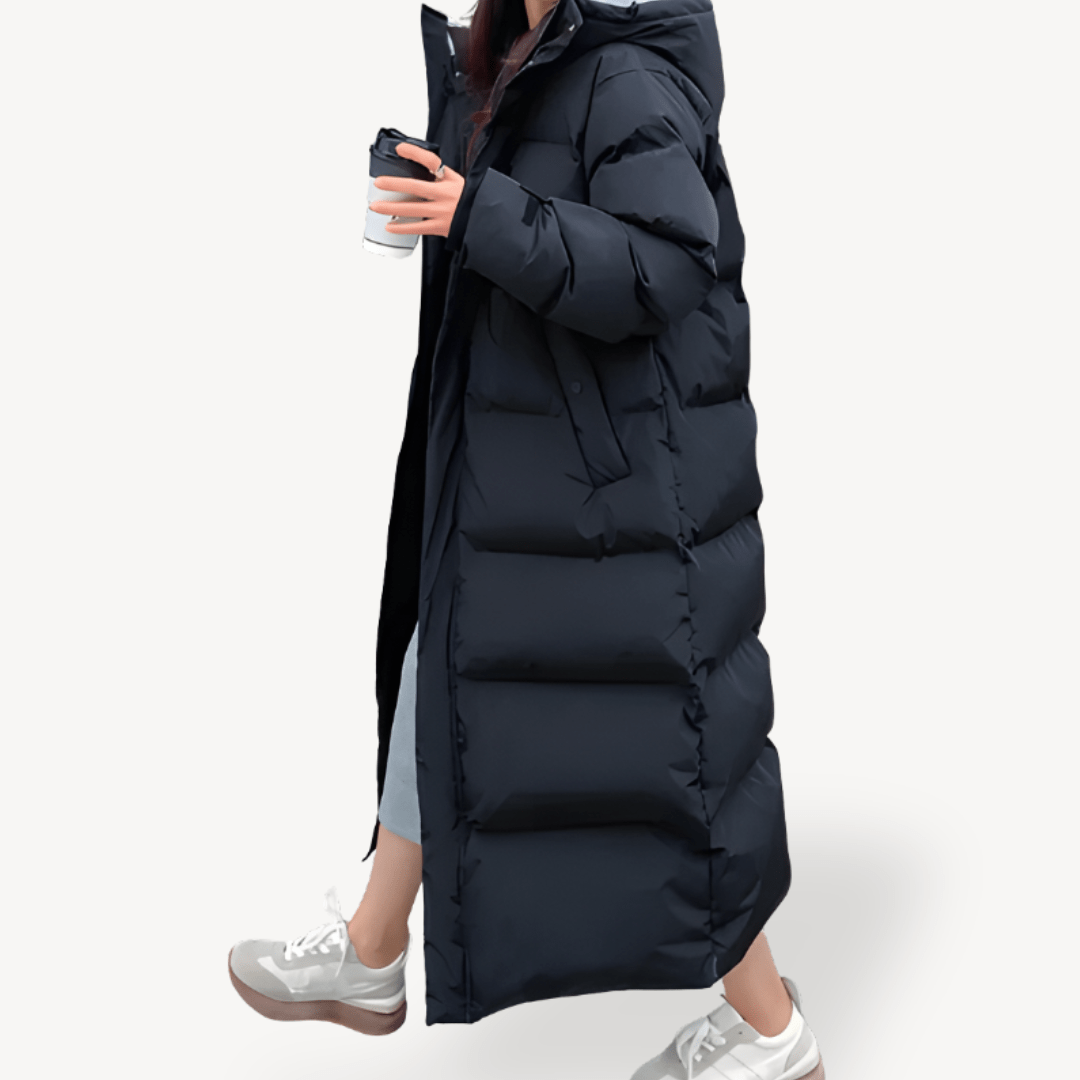 Damska Długa Kurtka Puchowa z Kapturem na Zimę-Women's Coat-Moda Perla-Czarny-S-Moda Perla