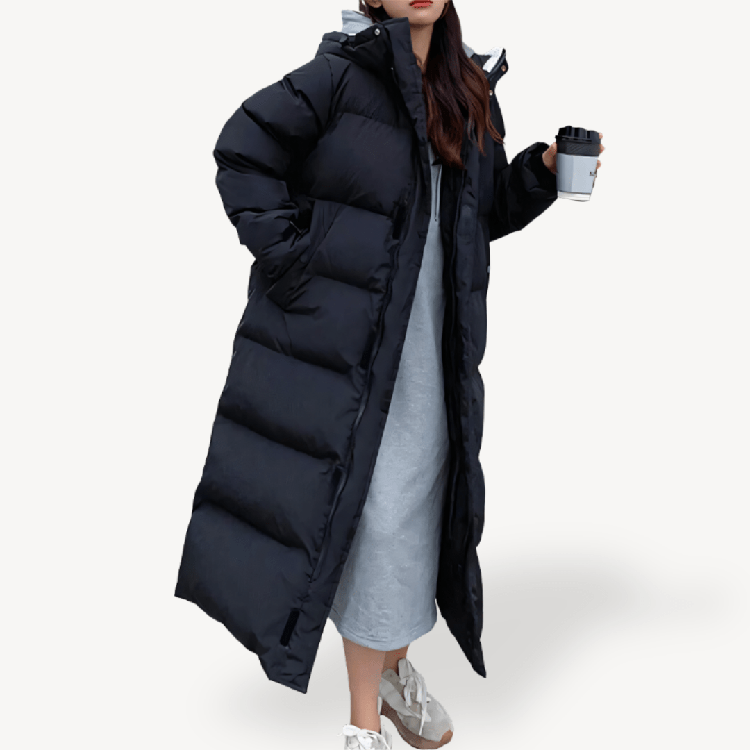 Damska Długa Kurtka Puchowa z Kapturem na Zimę-Women's Coat-Moda Perla-Czarny-S-Moda Perla