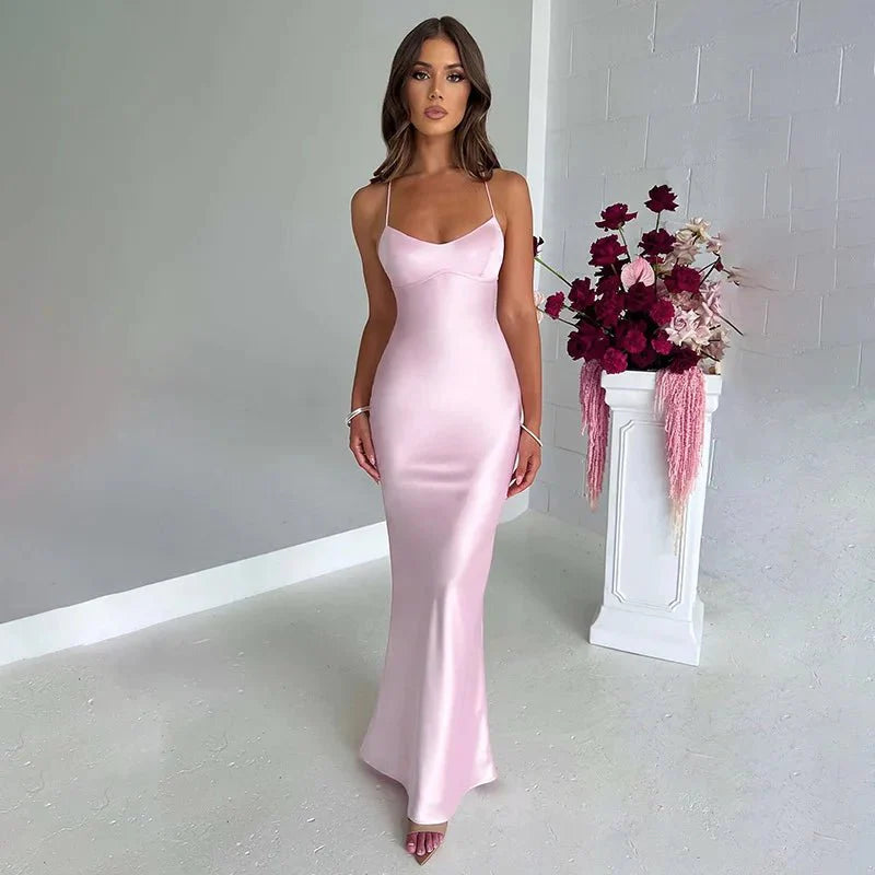 Damska satynowa maxi sukienka bodycon-Bodycon Dresses-Mason Luxor-Różowy-S-Moda Perla