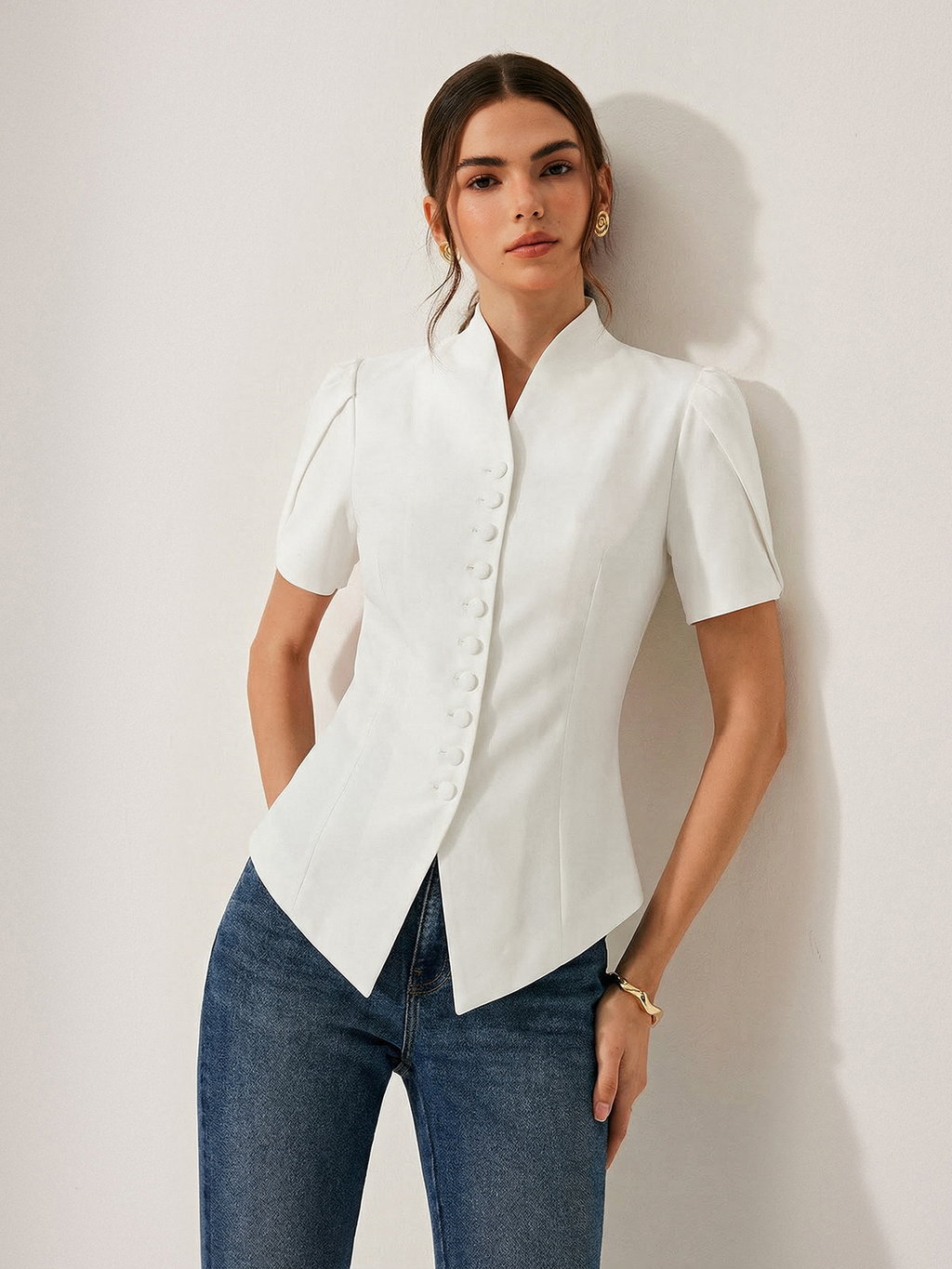 Damska Bluzka Jana | Krótki Rękaw, Elegancka Stójka 0
