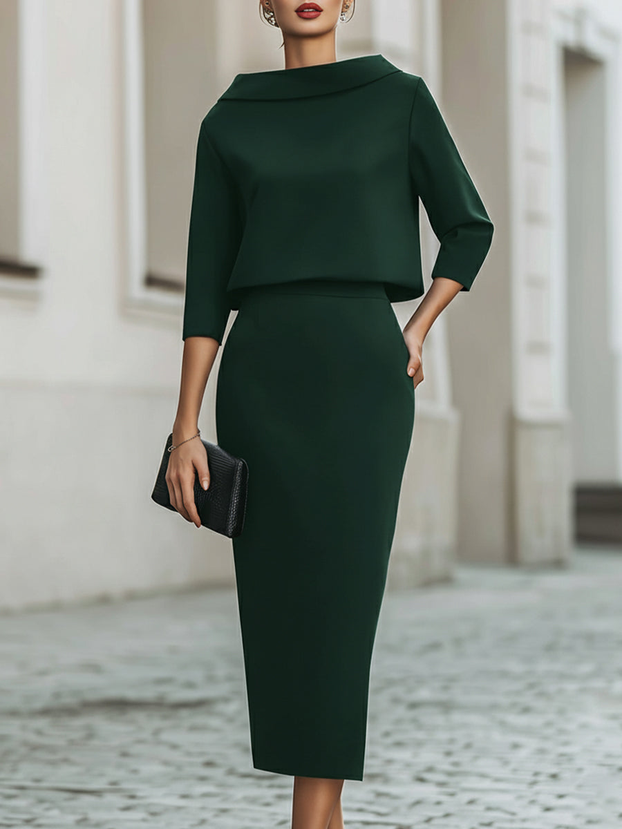 Damski Zestaw Elegancki | Top z Dekoltem w Łódkę i Midi Spódnica 9