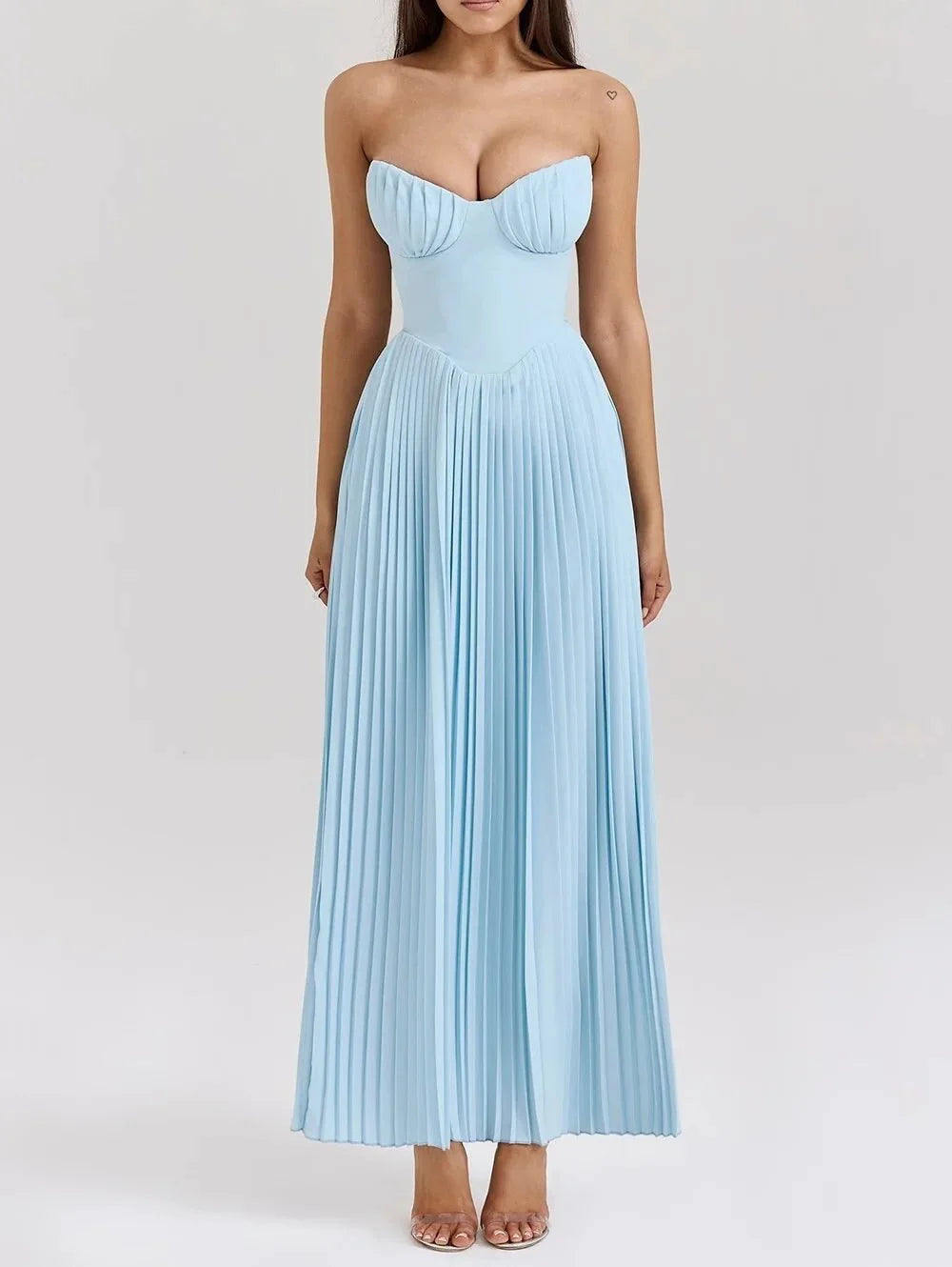 Długa plisowana sukienka gorsetowa bez ramiączek – elegancka suknia wieczorowa-Maxi Dresses-Mason Luxor-Jasnoniebieski-S-Moda Perla