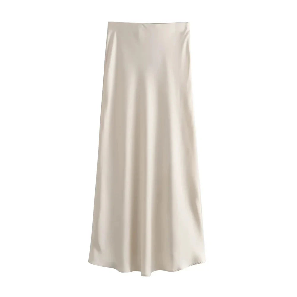 Elegancka Satynowa Spódnica Midi dla Kobiet-Skirts-Moda Perla-Beżowy-XS-Moda Perla