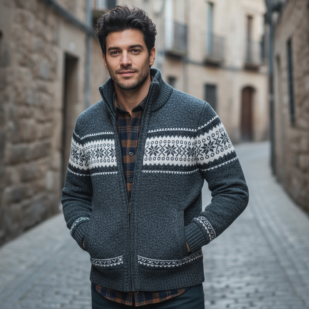 Kamizelka Zimowa Klasyczny Krój Wysoki Kołnierz Norweski Wzór Dzianina Jesień Zima - 4