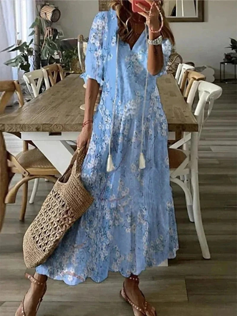 Kobieta Długa Sukienka | Boho Styl z Wzorem Liści 2