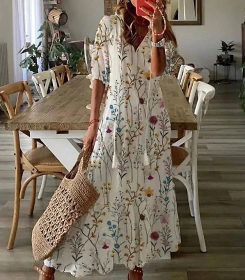 Kobieta Długa Sukienka | Boho Styl z Wzorem Liści 3