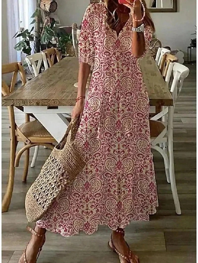 Kobieta Długa Sukienka | Boho Styl z Wzorem Liści 4