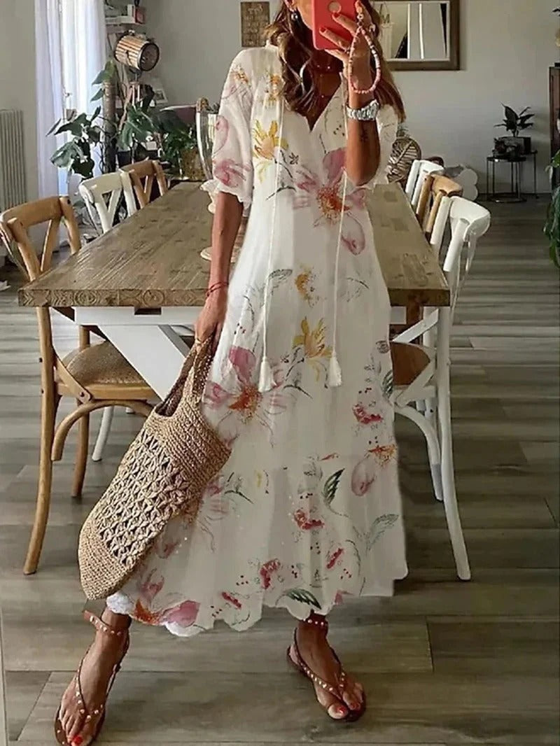 Kobieta Długa Sukienka | Boho Styl z Wzorem Liści 5