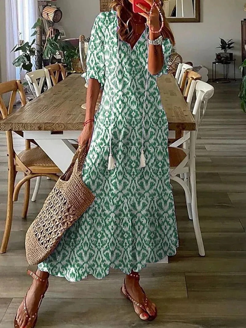 Kobieta Długa Sukienka | Boho Styl z Wzorem Liści 6
