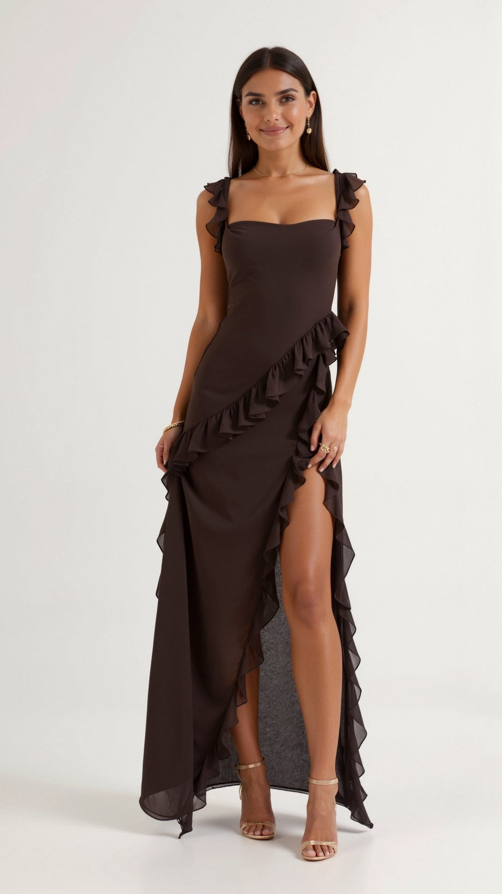 Kobiety Sukienka Maxi | Elegancka Falbankowa z Rozcięciem 0