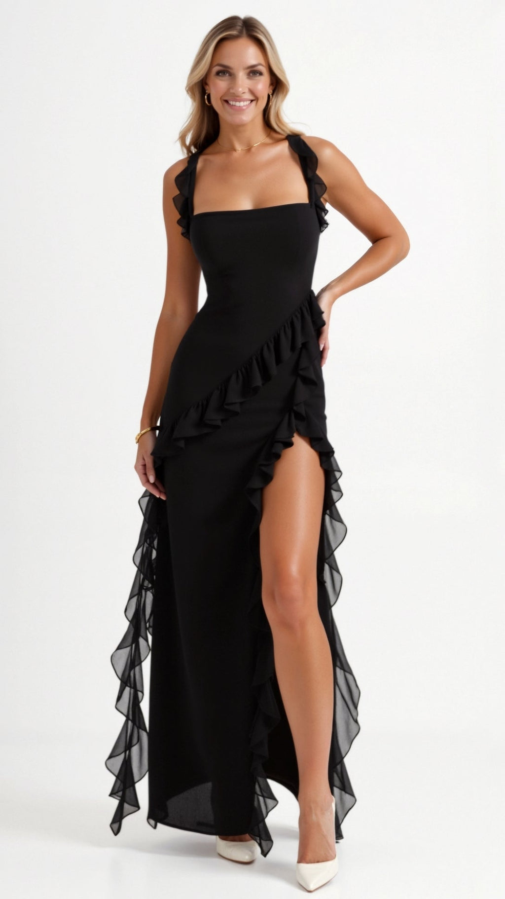 Kobiety Sukienka Maxi | Elegancka Falbankowa z Rozcięciem 1