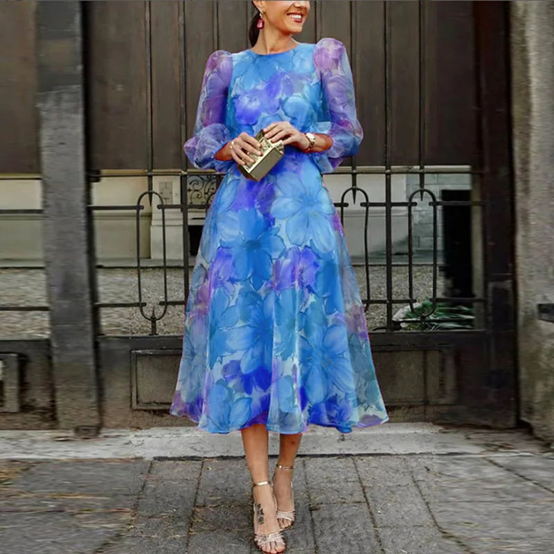Kobiety Sukienka Midi na Wesele | Elegancki Kwiatowy Wzór, Długie Rękawy 1