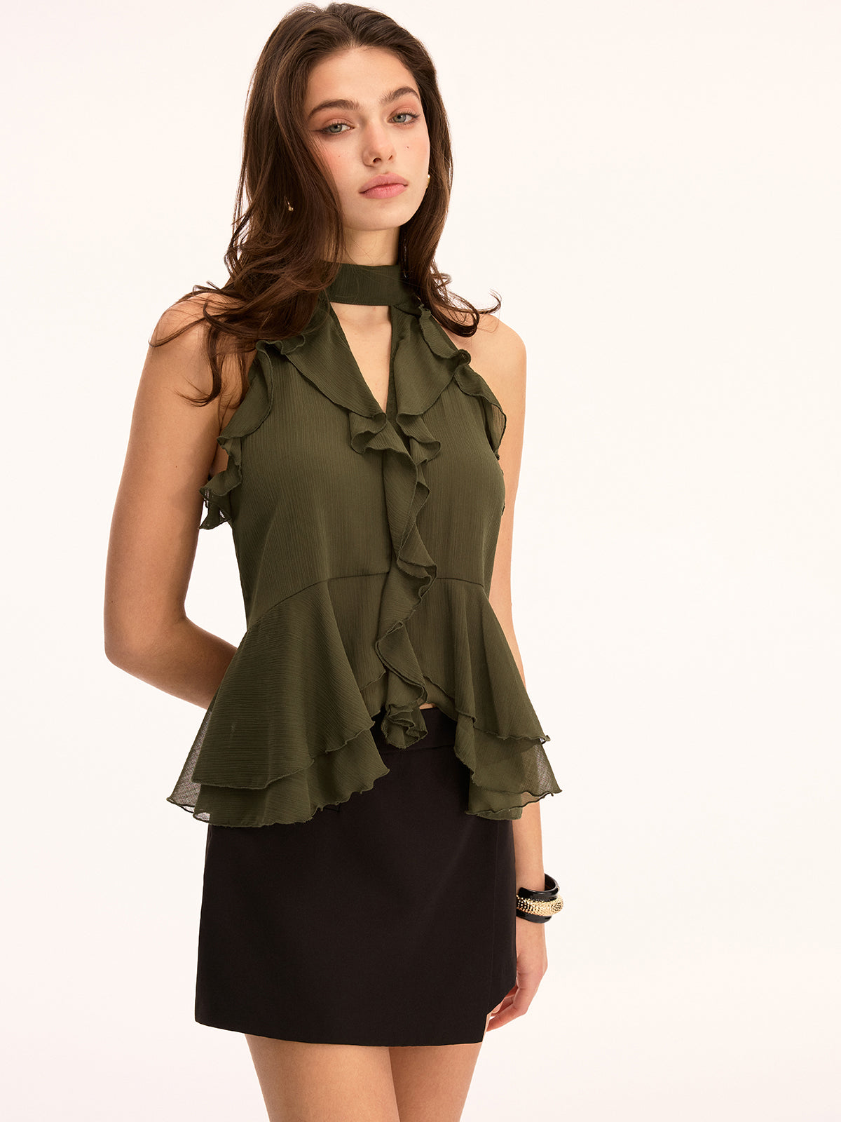 Kobiety Top Halter | Szyfon z Falbaną i Peplum 0