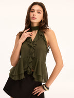 Kobiety Top Halter | Szyfon z Falbaną i Peplum 2
