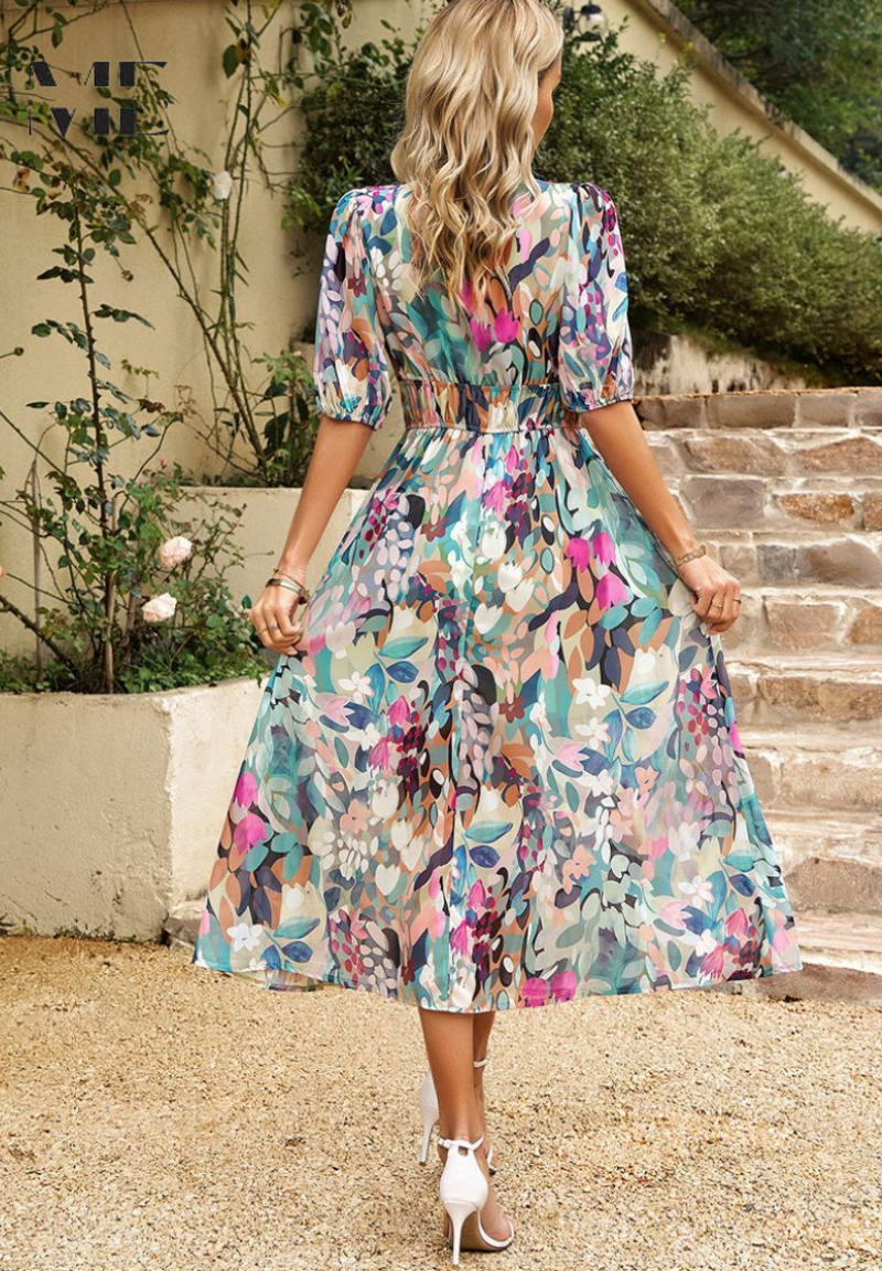 Kwiatowa Sukienka Damska Midi | Wygodny Krój, Idealna na Wesele 1