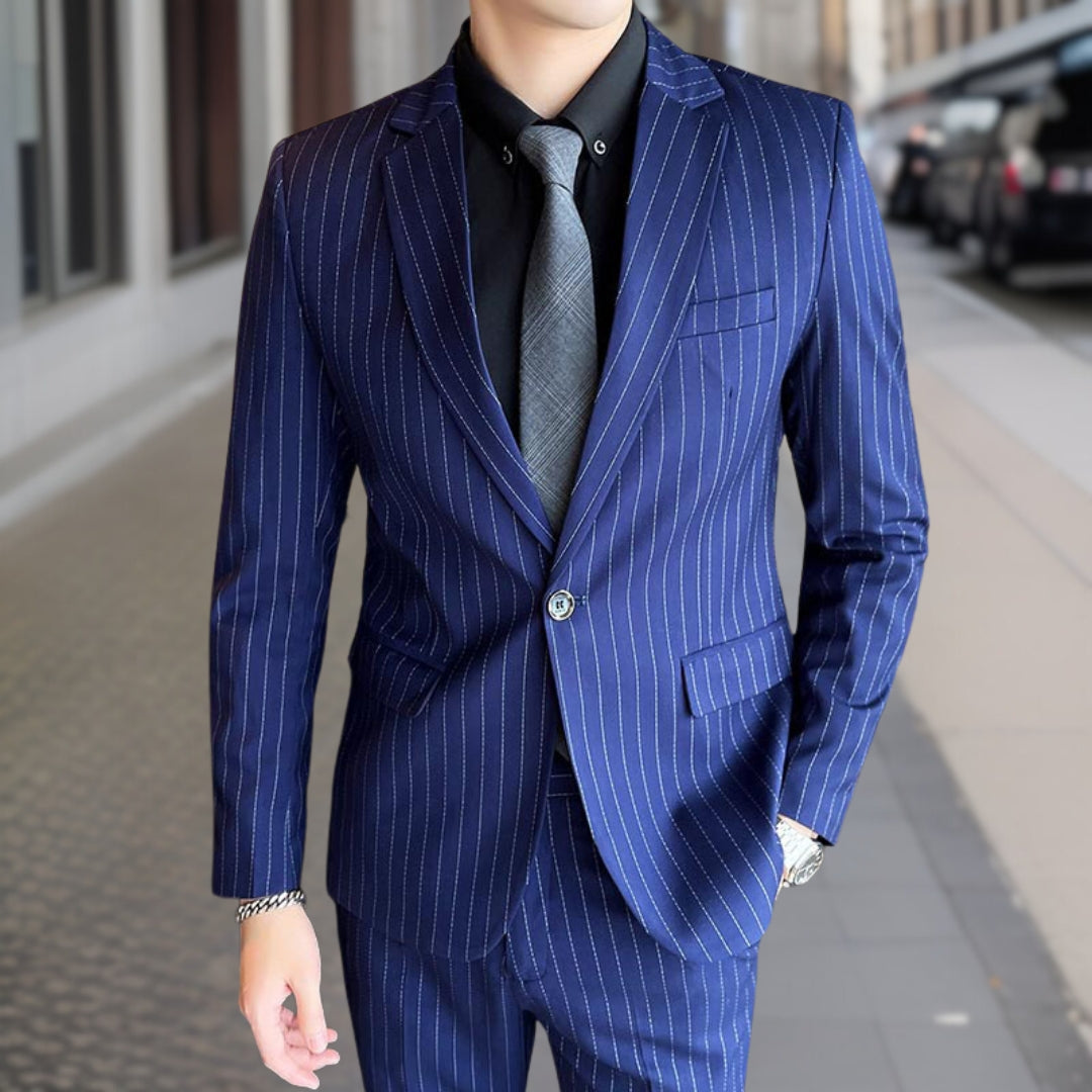 Męski Garnitur | Elegancki Dwuczęściowy Garnitur w Paski, Nowoczesny Styl 1