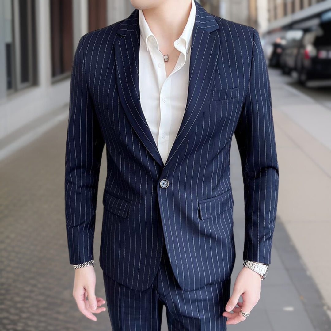 Męski Garnitur | Elegancki Dwuczęściowy Garnitur w Paski, Nowoczesny Styl 2