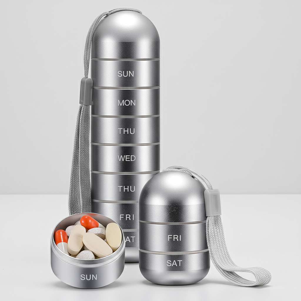 PillTower Organizer na Tabletki | Aluminiowy, 7 Przegródek, Przenośny 0