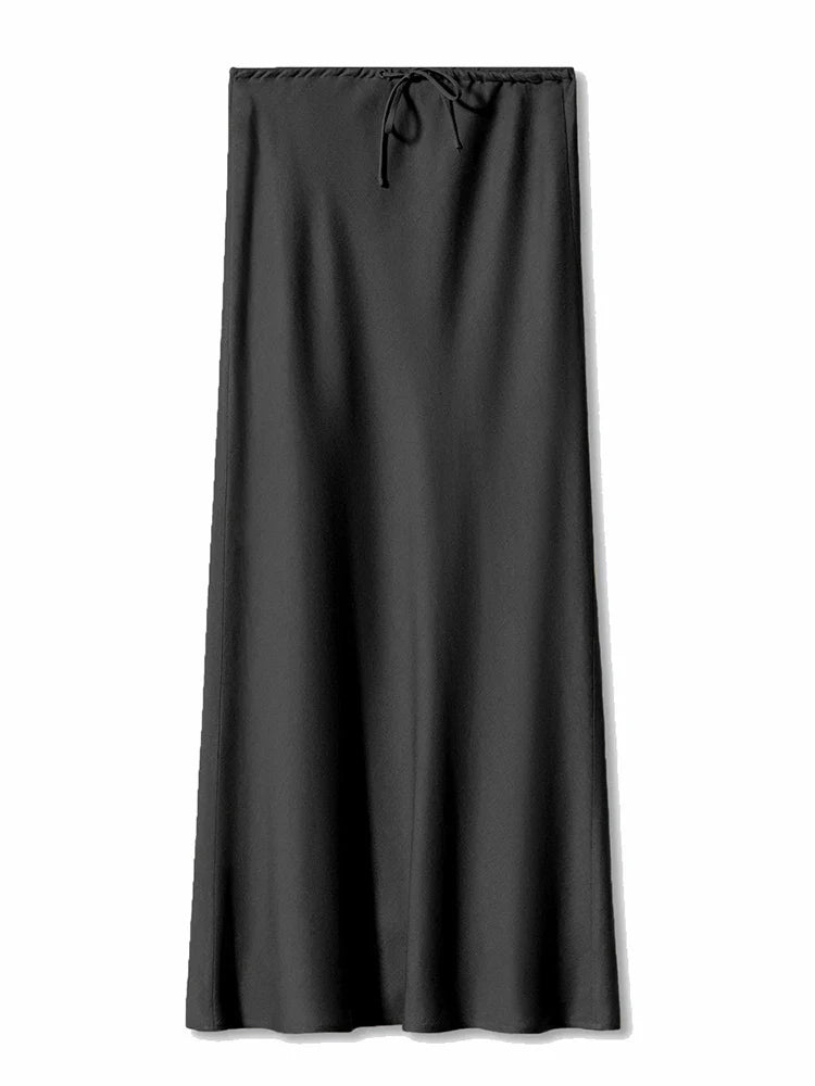 Satynowa Spódnica Maxi z Wysokim Stanem z Jedwabiu Ice-skirts-Moda Perla-Czarny-S-Moda Perla