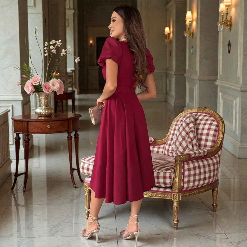 Sukienka Midi na Wesele | Dekolt V, Bufiaste Rękawy, Elegancka 7