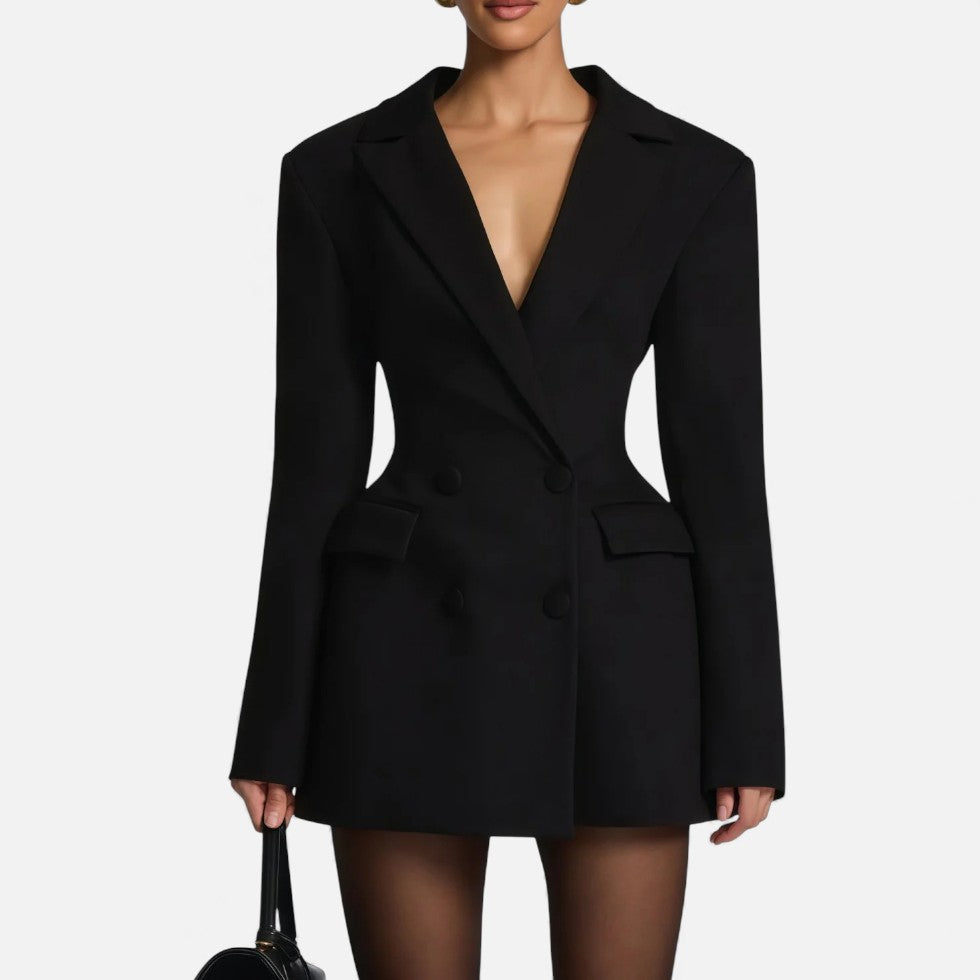 Elegancka Sukienka Marynarka Mini – Taliowany Fason z Dwurzędowymi Guzikami